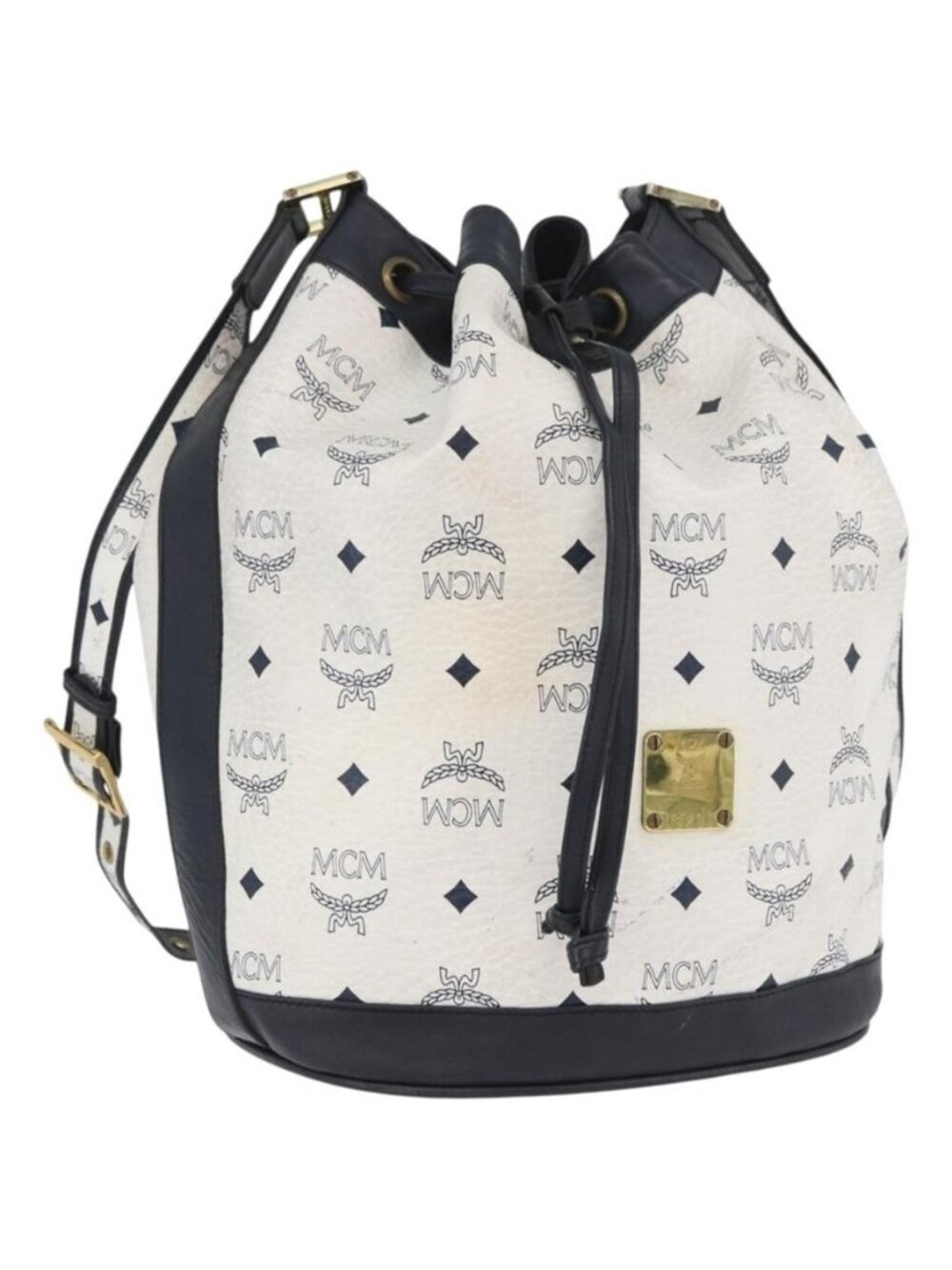 Authentic MCM Vicetos Logogram Shoulder Bag PVC Leather White Gold